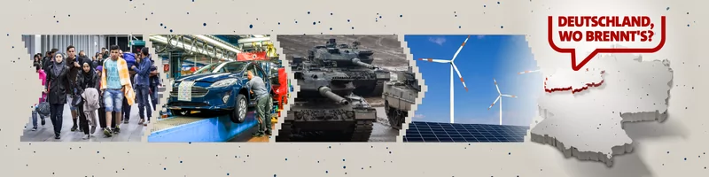 Das breite Banner zeigt von links eine kleine Galerie mit vier Fotos. Auf dem ersten Flüchtlinge zu sehen, auf dem Zweiten eine Autofertigung, auf dem Dritten zwei Kampfpanzer und auf dem Vierten ein paar Windräder und Photovoltaikanlagen. Rechts auf dem Banner ist das von Logo des Projekts 'Deutschland, wo brennt's?' abgebildet. Es zeigt den Namen des Projekts in einer Sprechblase.